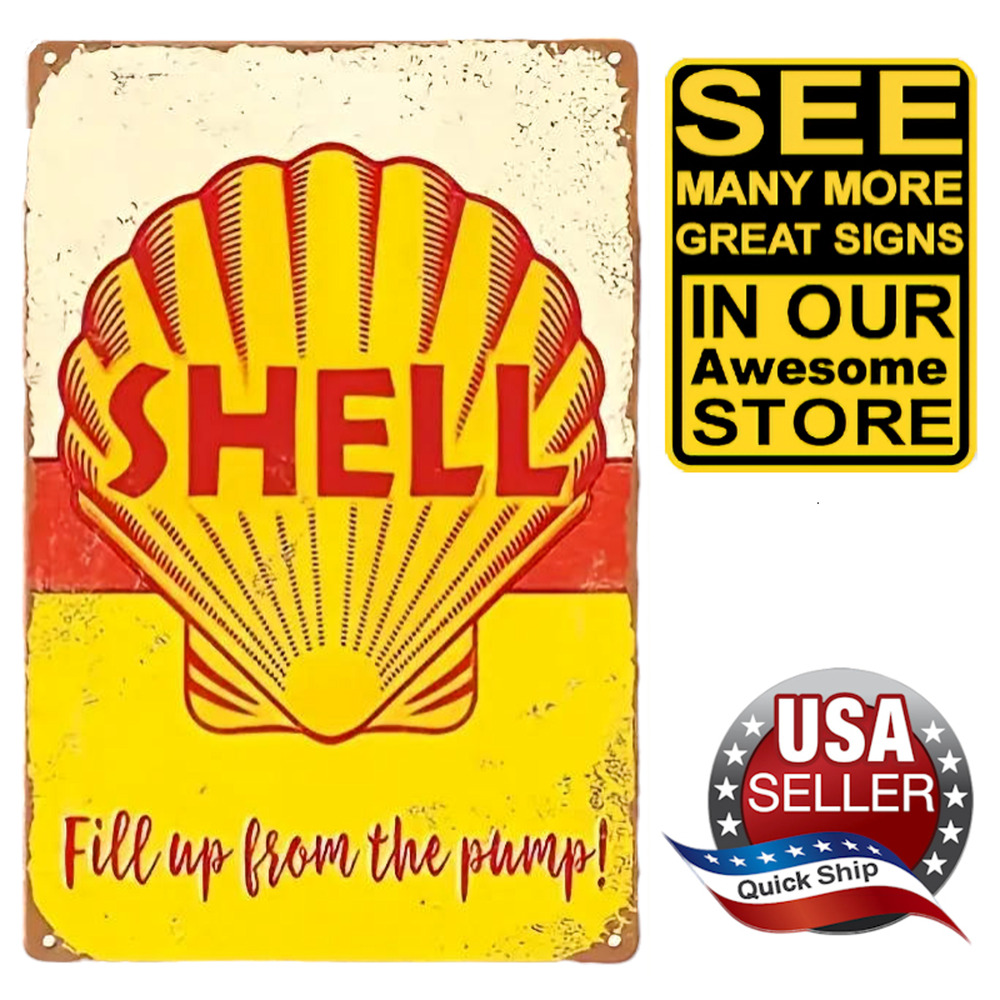 Metal Tin Sign • Petroliana • Shell Gasoline • "Fill Up From The Pump" • 8"x12"